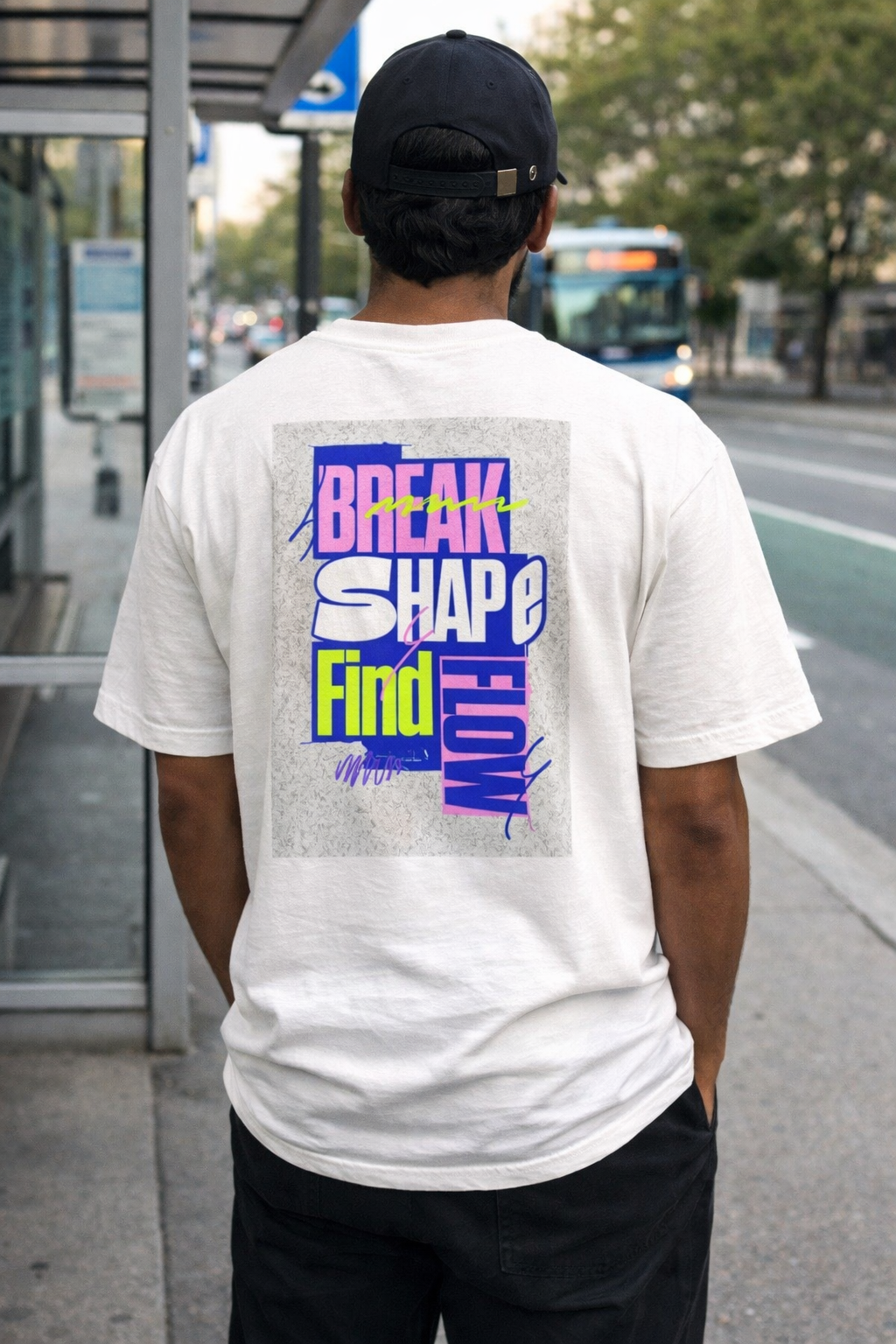 Break Shape Find Flow Graphic Tee — Retro Neon Typography Back Print