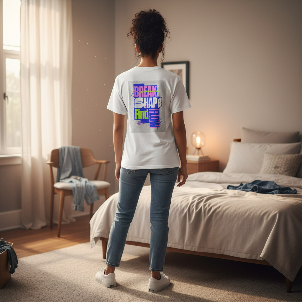 Break Shape Find Flow Graphic Tee — Retro Neon Typography Back Print